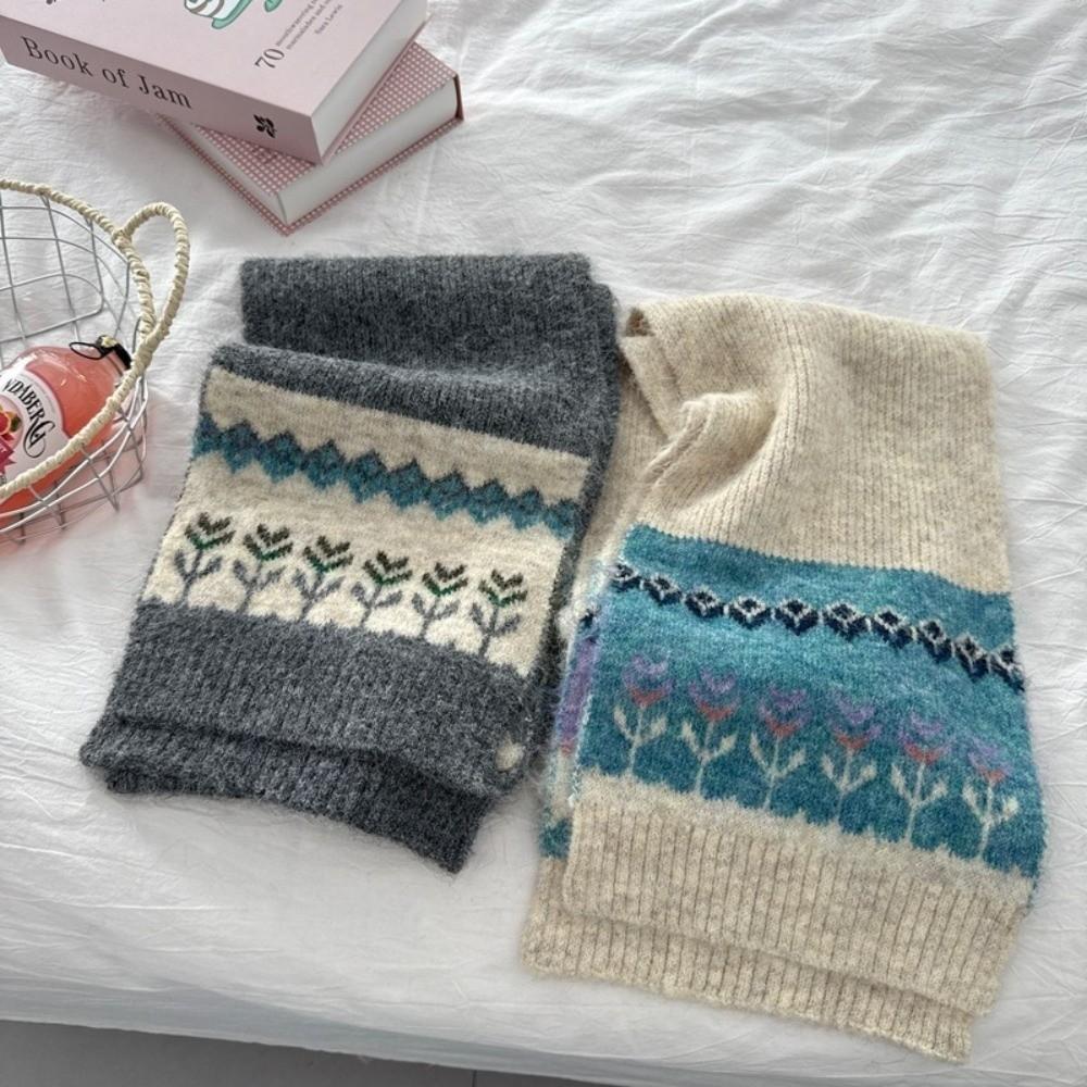 Floral Embellishment Woolen Scarf Warm Thermal Neck Warmer New Winter Scarf Autumn Winter