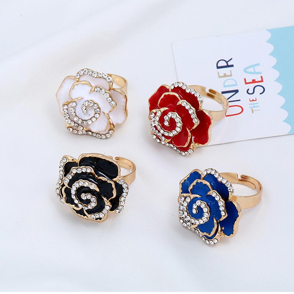 Adjustable Alloy Flower Ring with Drip Glaze & Rhinestones - European & American Creative Design for Women