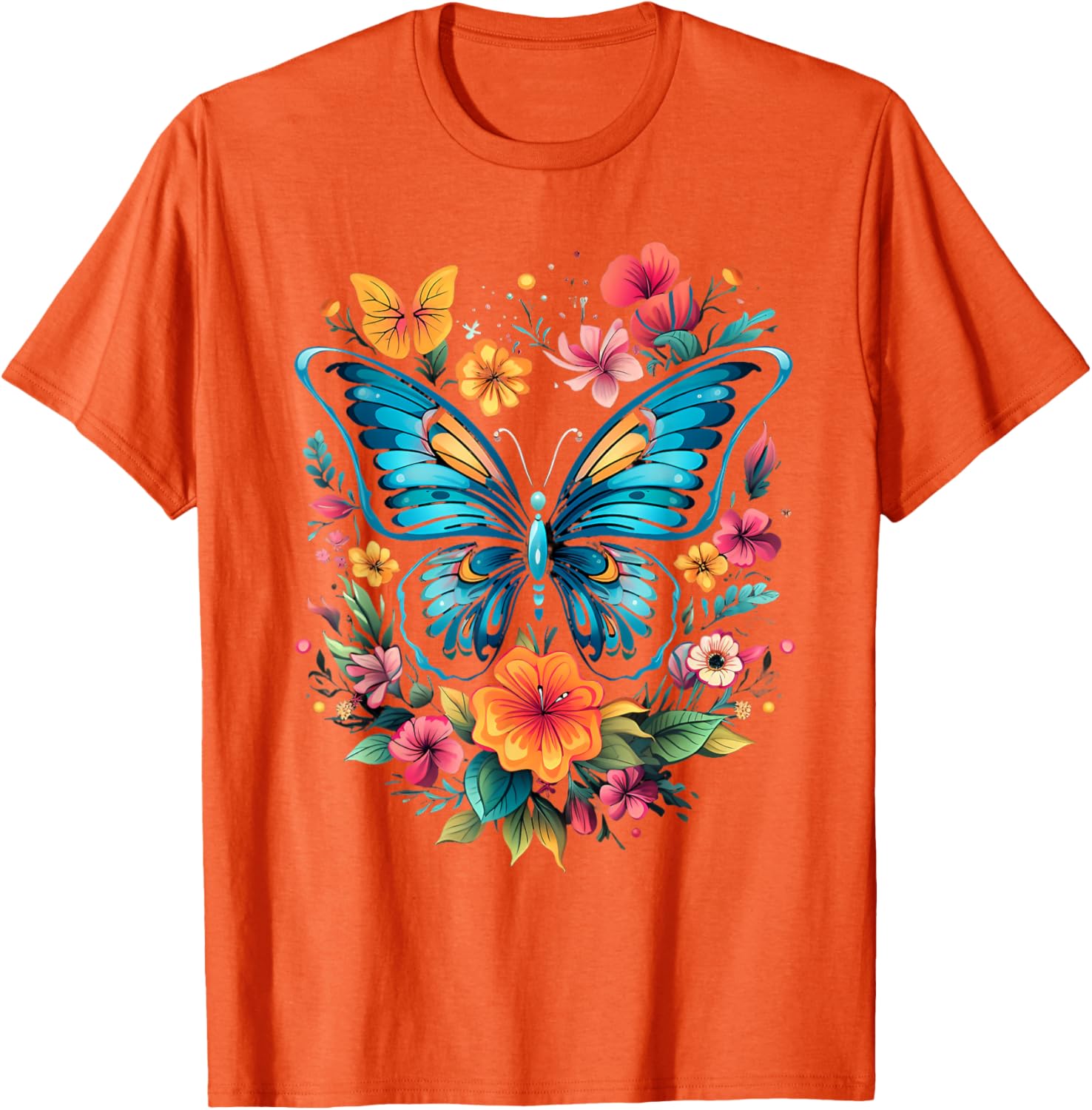 Vibrant Butterfly Floral Graphic T-Shirt Breathable Cotton Round Neck Casual Tee 4XL