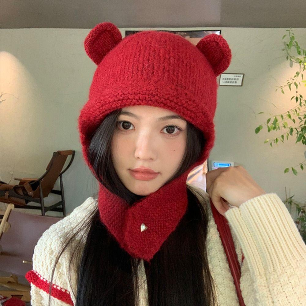 Neck Cold Proof Knitted Balaclava Hat Windproof Warm Knit Cap Sweet Women Scarf Winter Hat  Outdoor