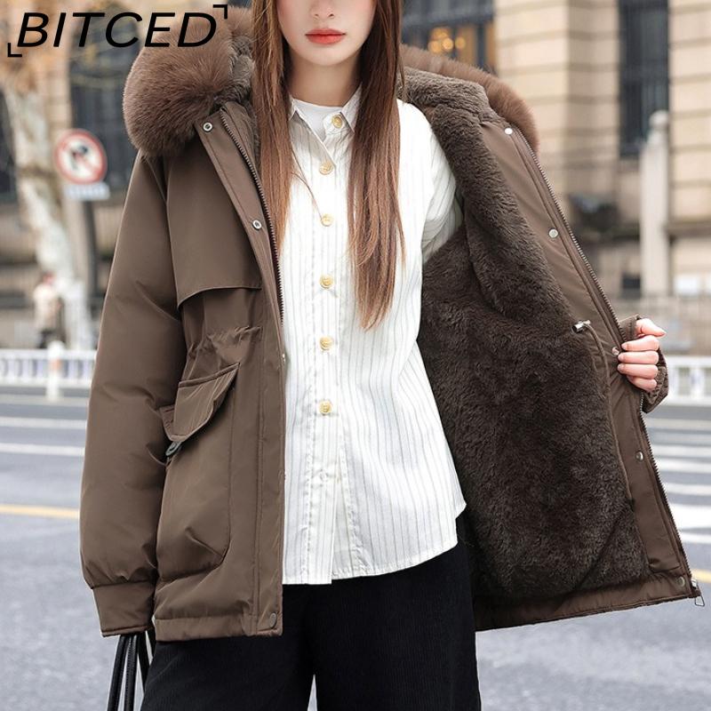 BITCED Women's Winter Slimming Down Jacket with Fashionable Fleece Lining and Thick Fur Trim