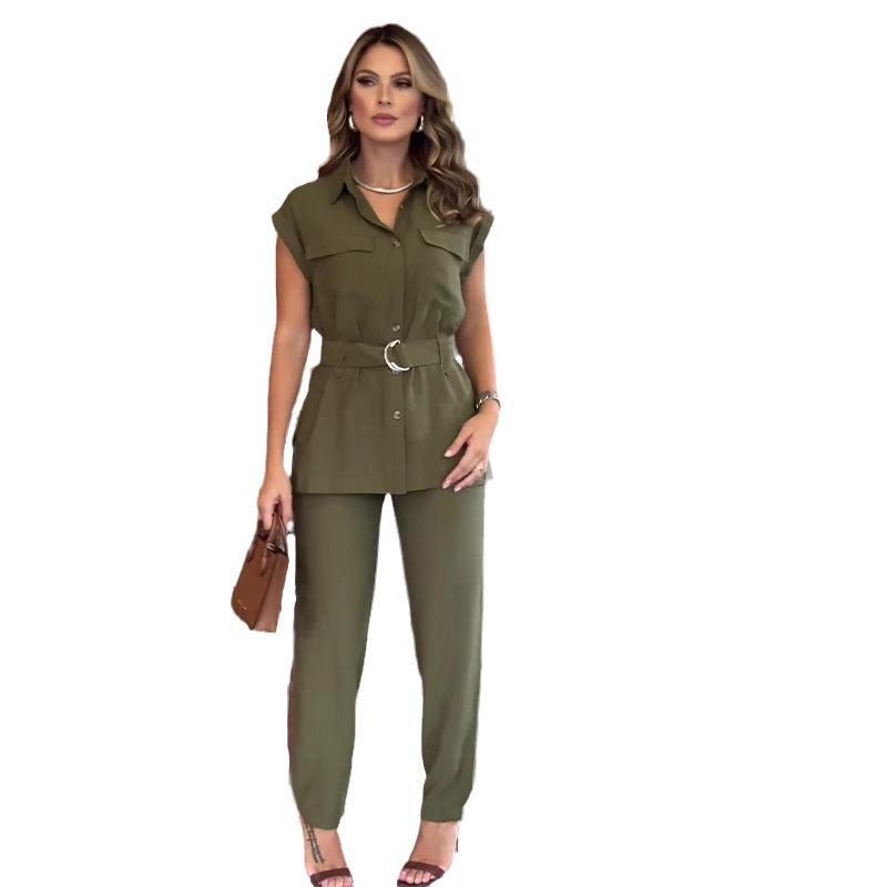 2024 Summer European & American Solid Color Tie-Waist Top and Wide-Leg Pants Set
