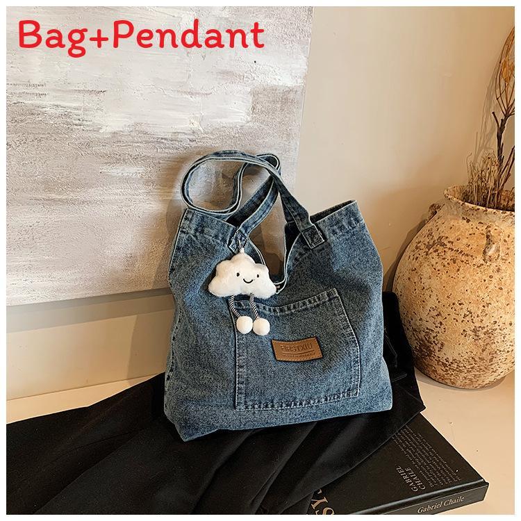 Large Capacity Denim Tote Bag With Car Stitching For Everyday Outfits