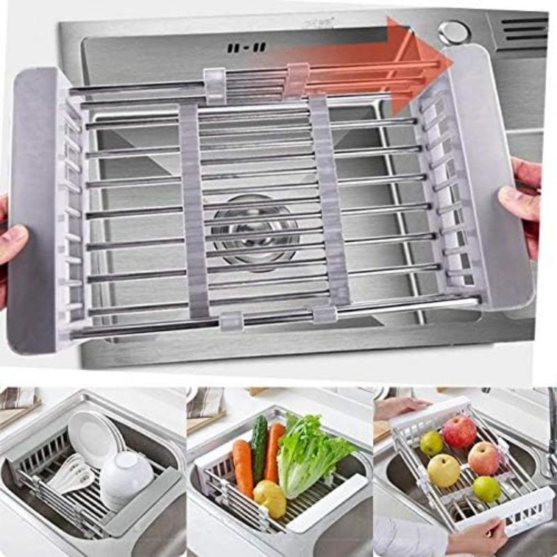 Stainless Steel Kitchen Drying Rack, Extendable Drainage Basket with Adjustable Armrests, Sink and Dish Drying Rack