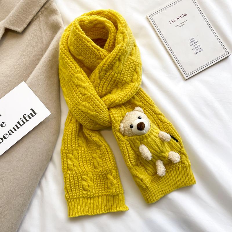 Knitted thick wool bear scarf female student winter pure green children's short scarf thickened to keep warm cute girl