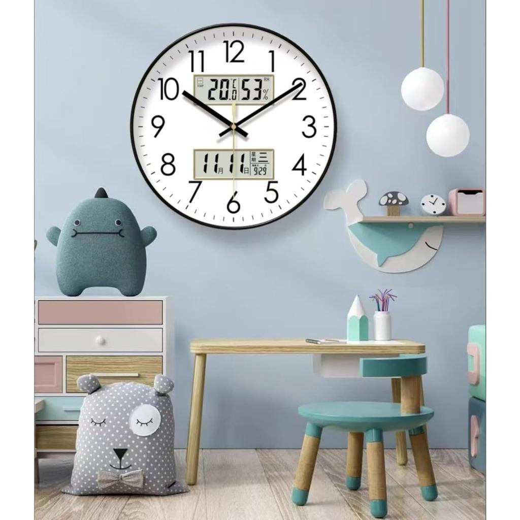 kxptso Wall Clock, Analog Temperature and Humidity Display, Digital Calendar, LCD Display, Quiet, Continuous Second Hand, Analog Wall Clock (A, 35cm)