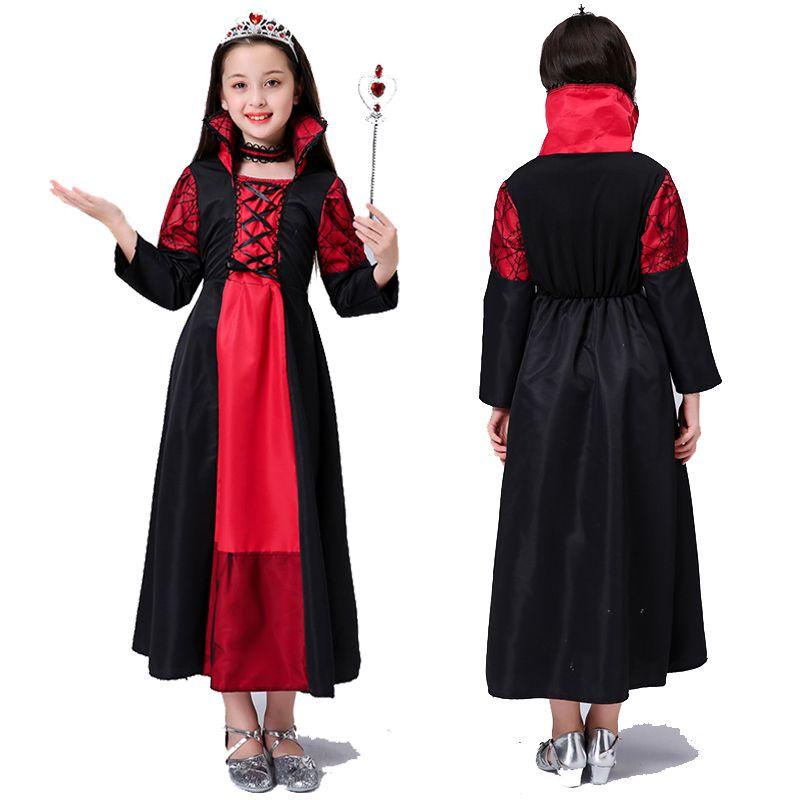 Girls Queen Kids Costume Lace Up Witch Dress Child Halloween Cosplay Sorceress