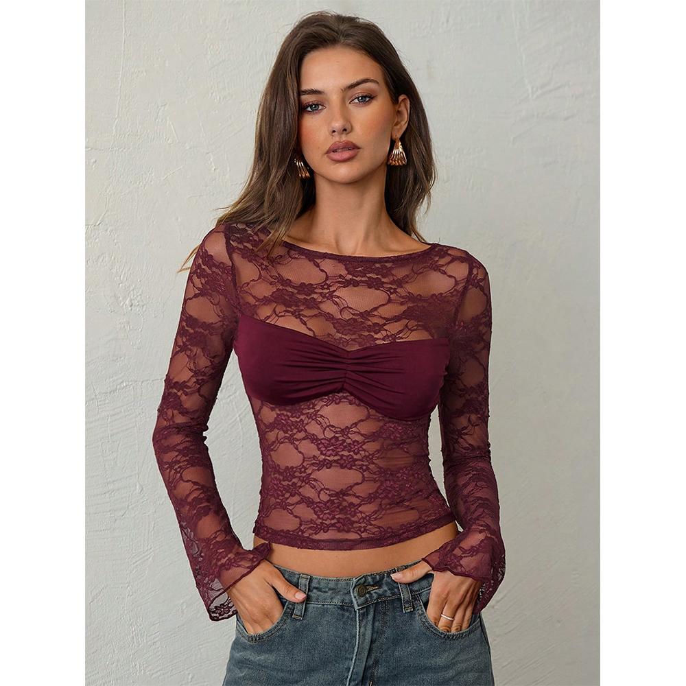 

Women s Sexy Lace Mesh Shirt Long Sleeve Sheer Top Going Out Night Out Club Tops S вино красного