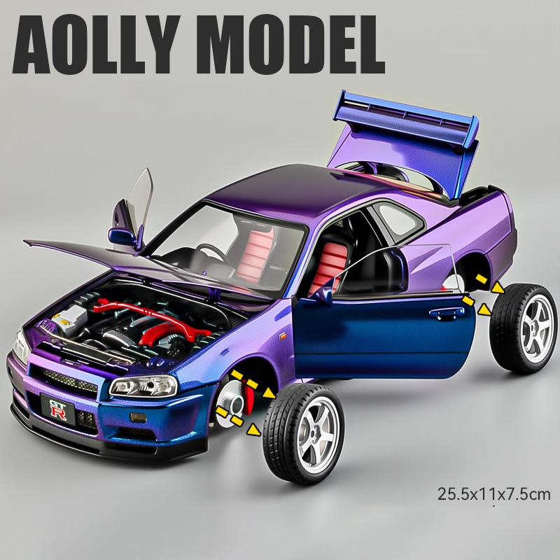 ABE4 1:18 Nissan GTR R34 Skyline S15 LBWK Alloy Car Model Sound and Light Pull Back Children's Toy Car Collectibles Birthday Gift Toy