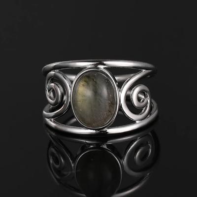 8*10MM Green Jade Zircon Ring Silver Female Engagement Wedding Party  Vintage Fine