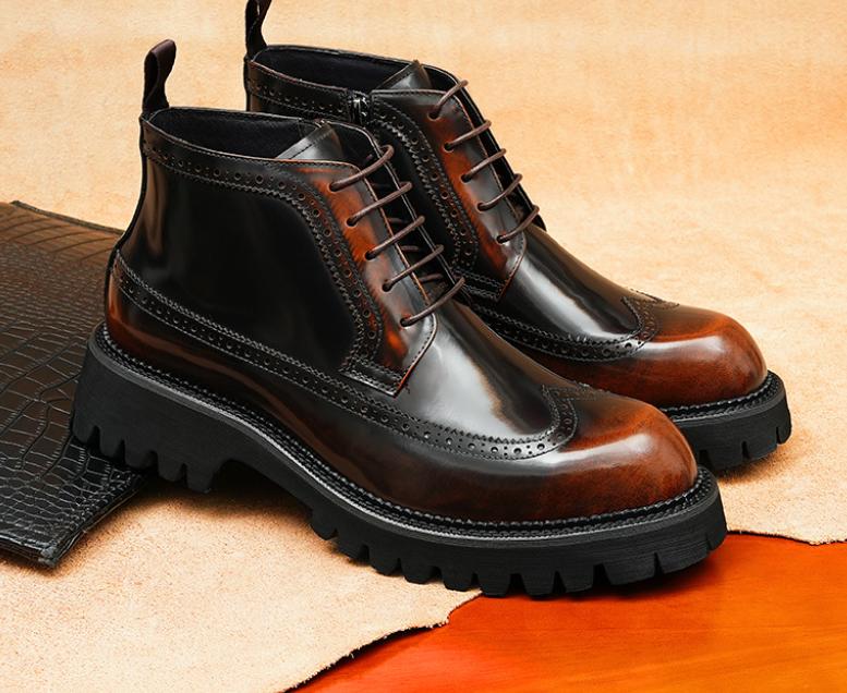 Genuine Leather Thick Soles High-Top Brogue Oxford Dress Shoes For Men Ankle Business Chelsea Boots