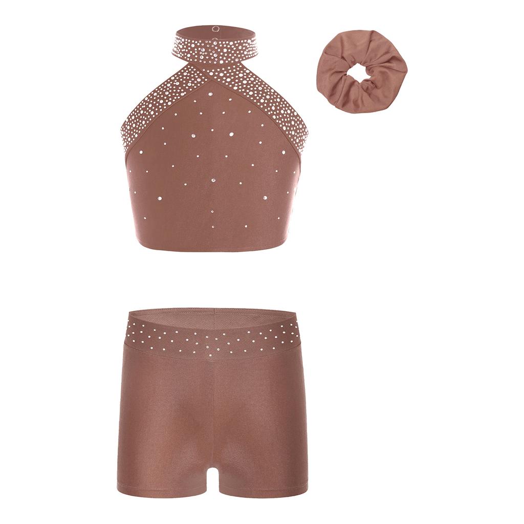 Mädchen Eiskunstlauf Kostüm Neckholder Ärmellos Rückenfrei Weste Strass Shorts Haarreif