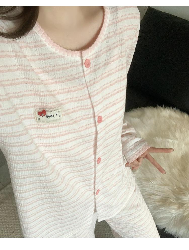 Korean Pink Striped Women's Pajama Set - Spring/Autumn 2026, Sweet Long Sleeve Cardigan Loungewear