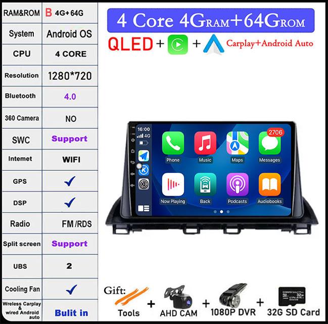 DSP RDS For Mazda 3 Axela 2014 - 2019 QLED Android 14 WIFI+4G BT Car Radio Multimedia Video Player GPS Navigation Stereo Audio