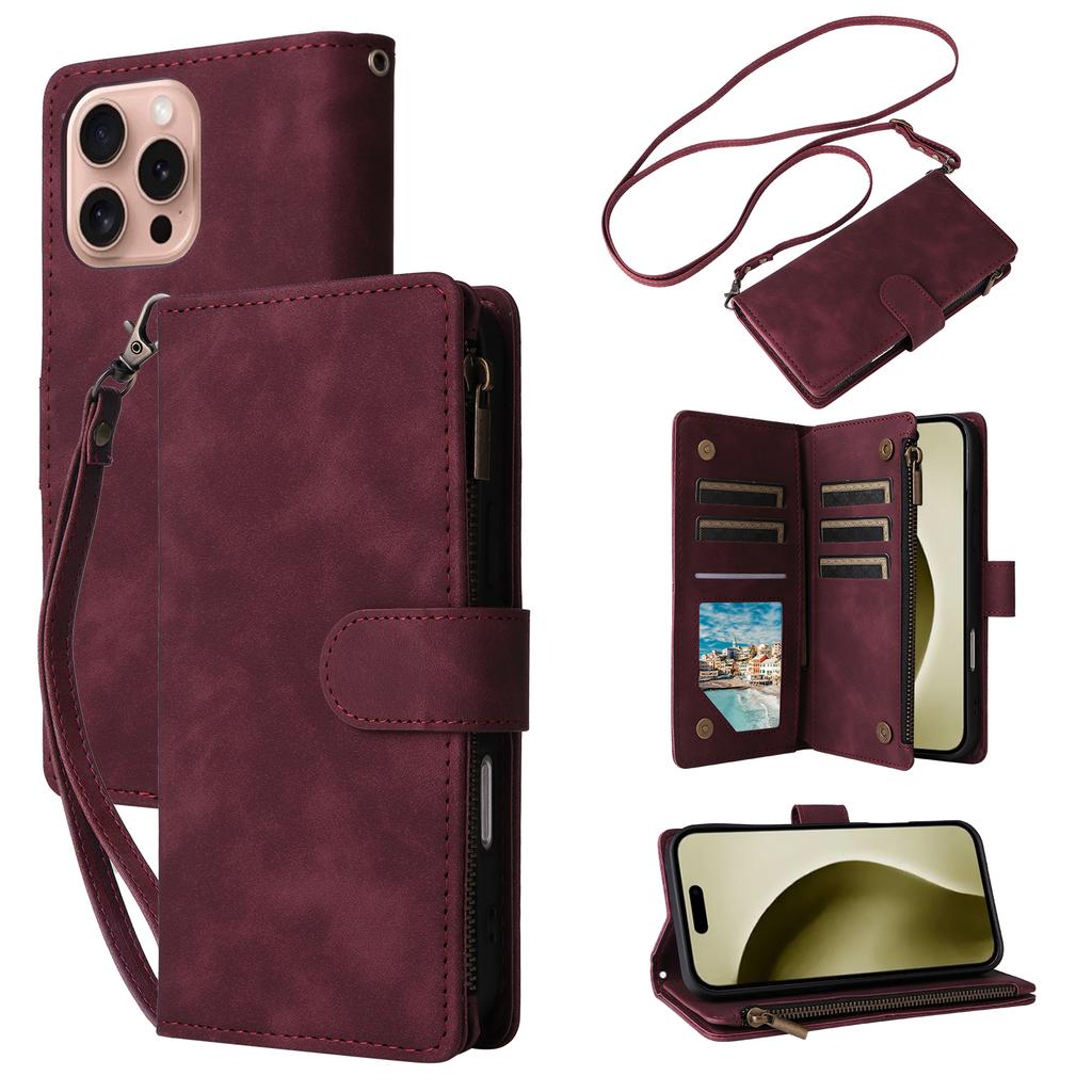 For iPhone 16 Pro Case Zipper Multi-Pocket Wallet Leather Phone Cover with Shoulder and Wrist Straps