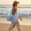 Large Capacity Mesh Beach Tote Bag Multi-Pocket Travel Bag Casual Striped Handbag  Summer