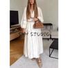 Summer New Product Women's Clothes Minimalist Style Cut Out Lace Decoration V Neck Long Sleeves Loose High Waist a Word Length Dress