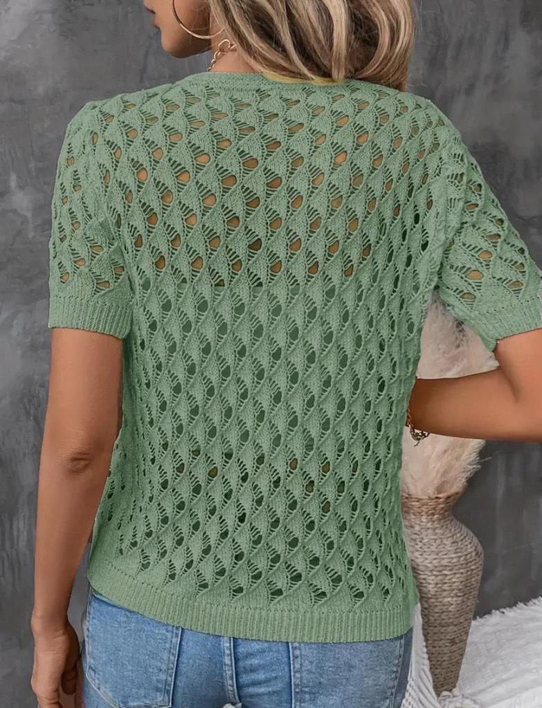 Women's V-Neck Hollow-Out Knit Short-Sleeve Loose Summer Top