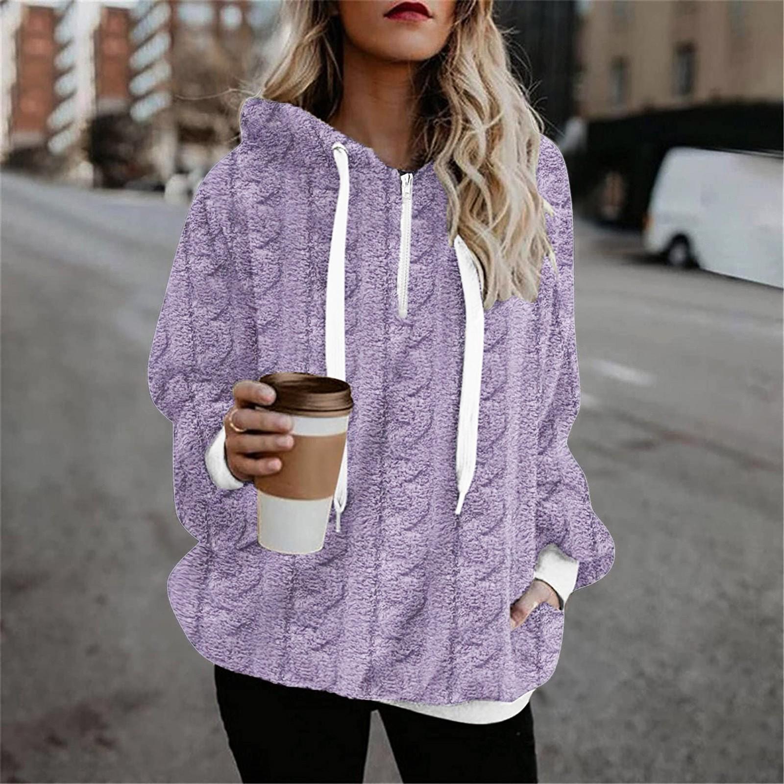 

Fashion Women s Winter Casual Loose Print Plush Long Sleeve Pocket Drawstring Hooded Jacket M фіолетовий