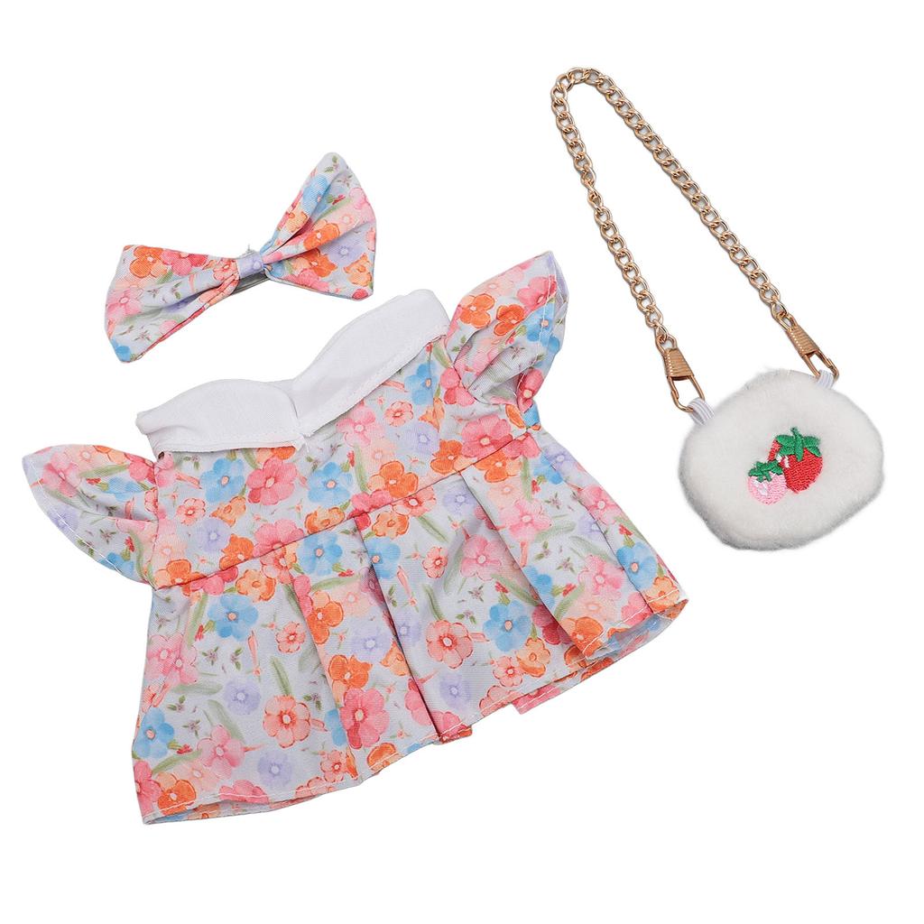 Plush Doll Clothes Cotton and Cloth Bow Tie 20cm Plush Doll Outfits Dress with Strawberry Bag 3