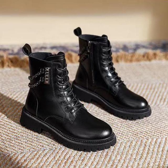 Chain Thick -Soled Ankle Boots Single Boots Winter Fleece Thick -Soled Tight Boots Lace -Up Low -Top Women Shoes New British Style