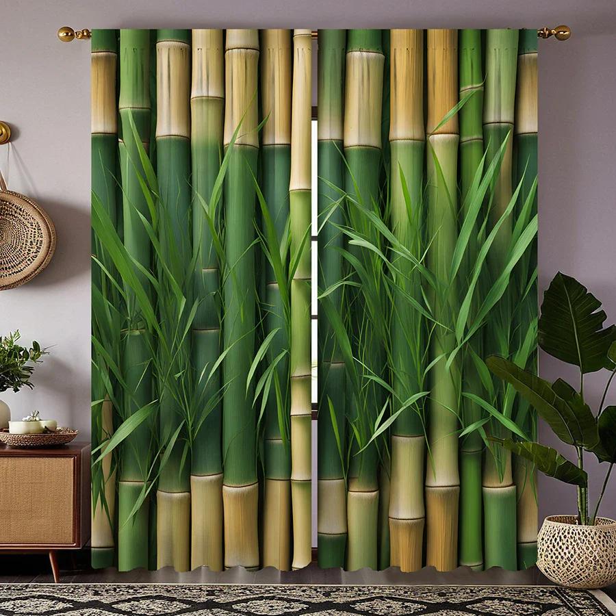 

Set Of 2 Green Polyester Pattern Printed Curtains Pole Bag Home Decoration Room Curtain W100*H70(CM)-Hooks&1PCS