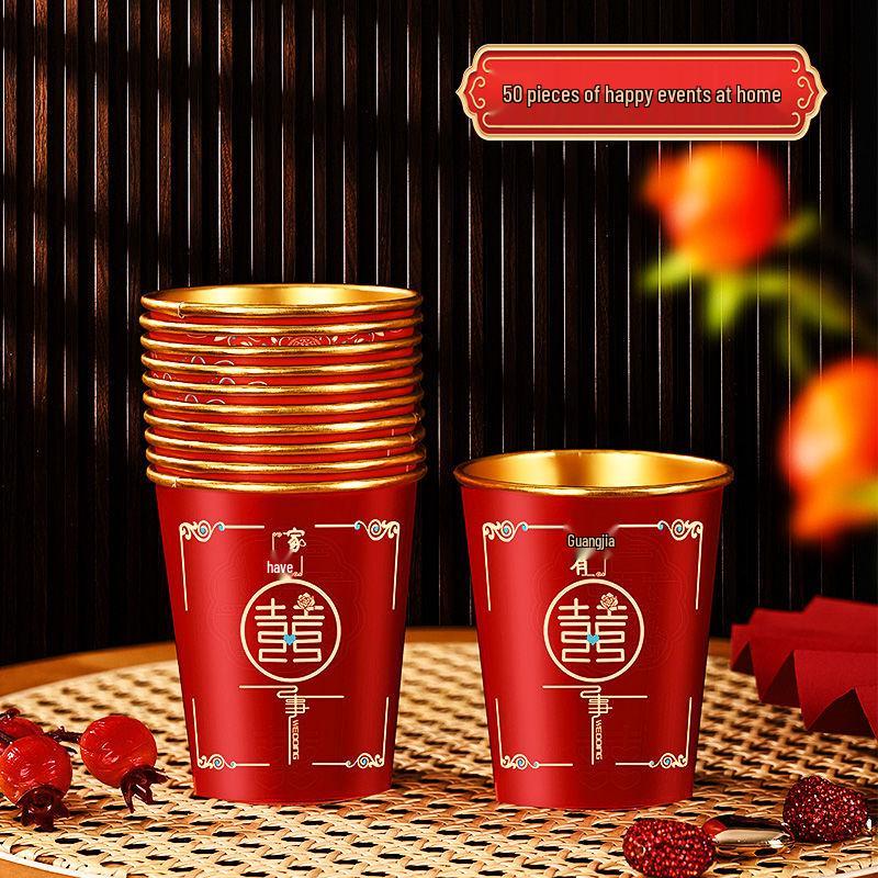 Luxurious Gold Thickened Disposable Wedding Cups - Elegant Red Tea Cups for Banquets & Household Use