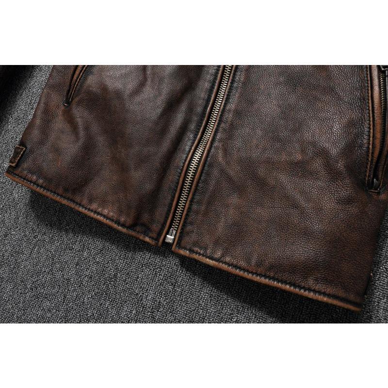 Chinese Size Vintage Yellow Brown Real Cowhide Genuine Leather Jacket Men Motorcycle Coat Mens Biker Clothes Spring Autumn Asian Size 6XL