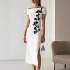 Women's Off The Shoulder Short Sleeve Floral Embellished Midi Dress High Waist Bodycon Cocktail Dress