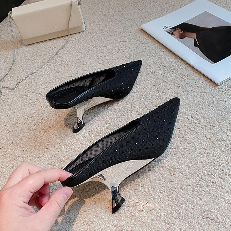 Fashion Fashion Crystal Sequined Air Mesh Women Pumps Slippers Pointed Toe Wedges High Heels Mules Spring Autumn Slingbacks Party Shoes
