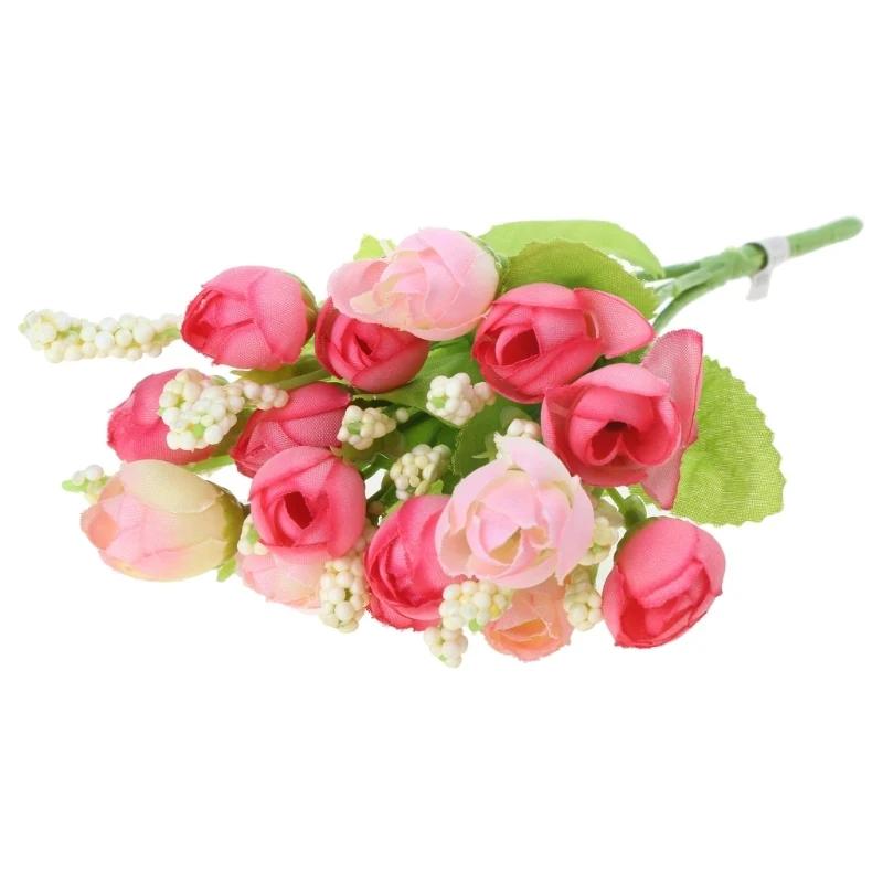 A Top Quality 15 Head Artificial Rose Fake Silk Flower Leaf Bouquet for Home Wedding Decor Bridal Bouq - Pack of 10