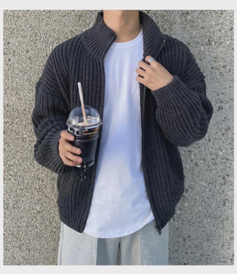 Chaqueta Cárdigan de Punto Retro Coreana con Cuello Mao para Hombre