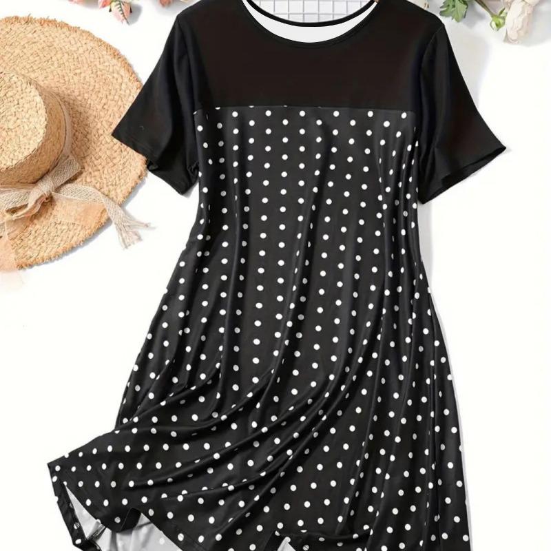 Damska wiosenno-letnia sukienka w kropki z okrągłym dekoltem i krótkim rękawem, wygodna