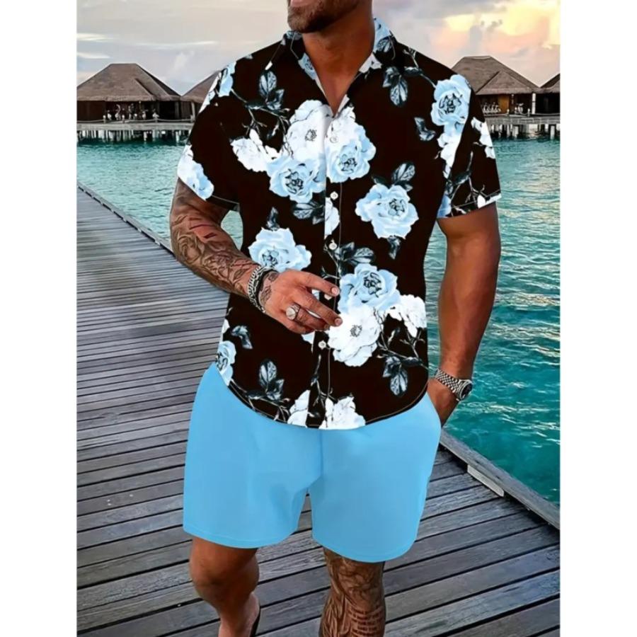 Hawaiian Men's Shirt Set 3D Printed Short-Sleeve Shirt Set Summer Beach Collared Two-Piece Shirt