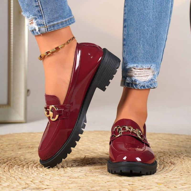 British style small leather shoes spring and autumn new thick heel round head metal buckle platform shoes large size