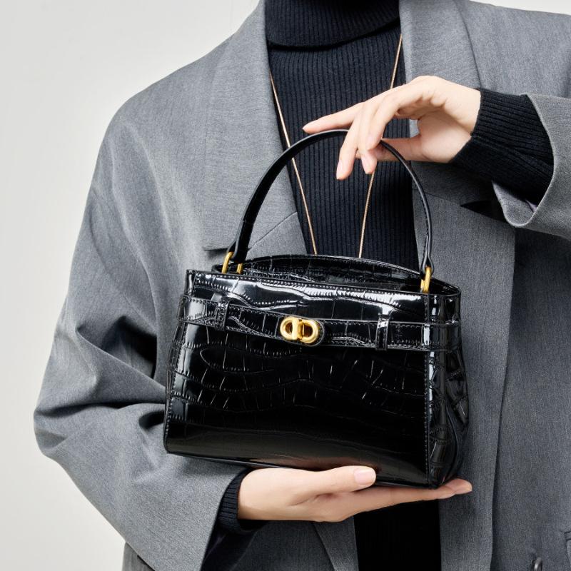 Alligator Print Latched Small Square Leather Tote Commuter Crossbody Bag for Women
