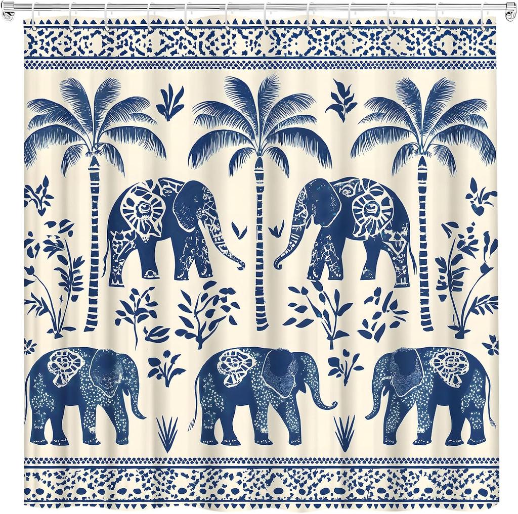 Boho Tropical Elephant Shower Curtain African Ethnic Indian Mandala Tribes Paisley Sacred Animal Unique Leaves Retro Aesthetic