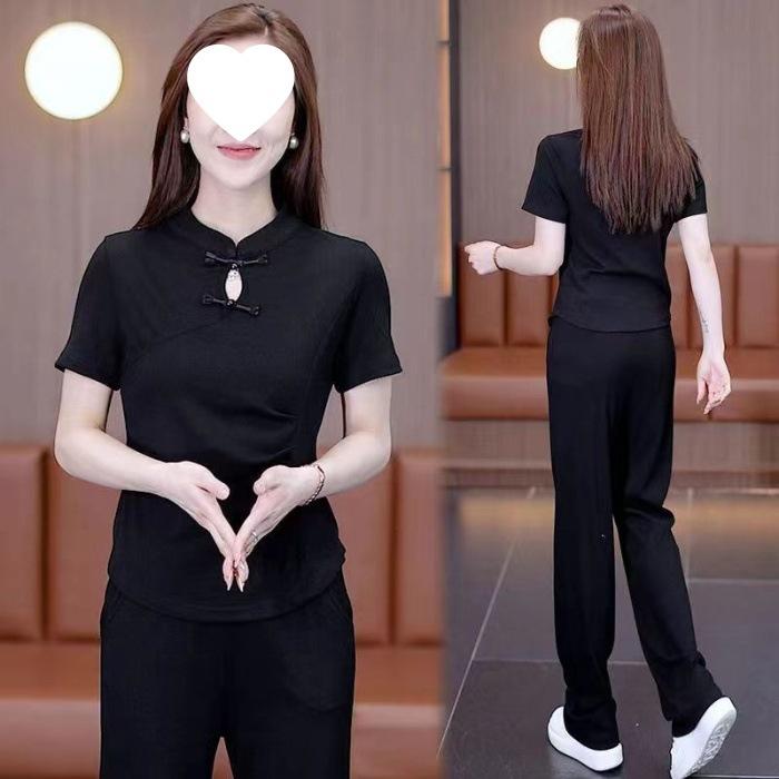 

Chinese Casual Sports Suit for Women in Summer, Western-style National Style Buckle Top, Wide-leg Pants Two-piece Set 4XL чорний