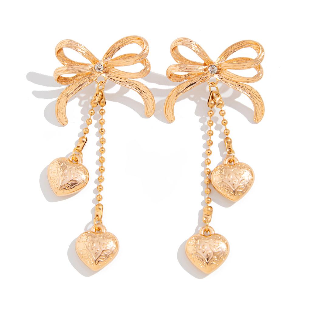 Sweet Cool Diamond Bow Fringed Stud Earrings Female, Wind Metal Chain Love Heart Pendant Earrings