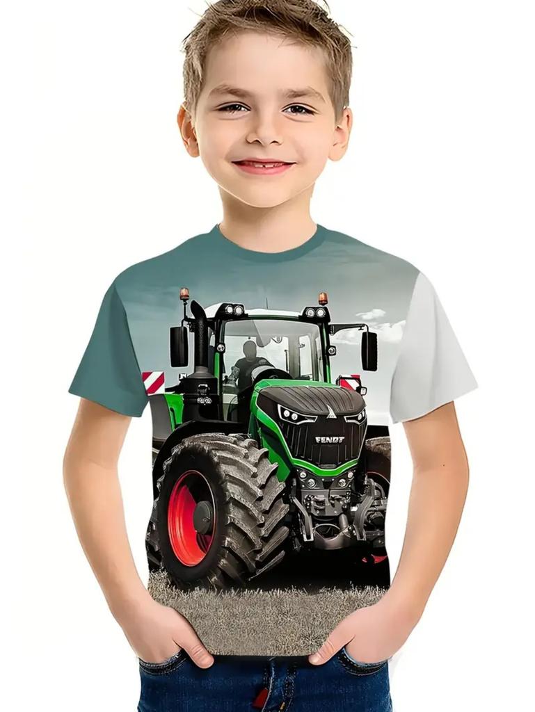 חולצת טריקו קצרה לילדים עם הדפס טרקטור תלת-ממדי מגניב, בגדי קיץ אופנתיים לילדים, בגדי ילדים פעילים לחוץ