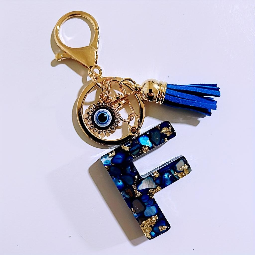 Blue Resin Initial Keychain - Evil Eye Letter Charm with Rhinestones & Tassel, Stylish Gift for Women, Lobster Clasp Accessory