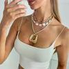Bohemia Irregular Metal Hollow Square Pendant Necklace For Women Stackable Imitation Pearl Choker