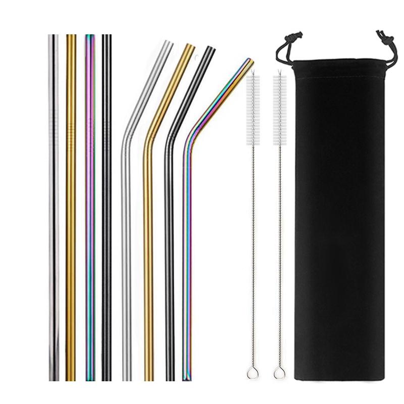 8Pcs Colorful Reusable Metal Straw High Quality 304 Stainless Steel Straws Set with Cleaner Brush Bar Party Drinking Straws