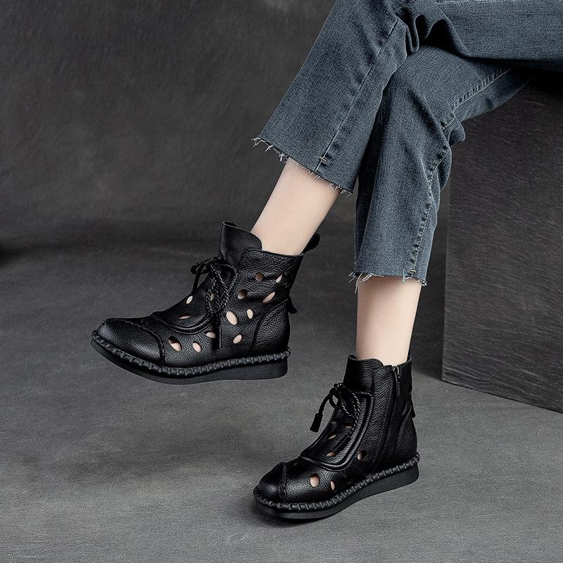 Roman Style Lace Up Ankle Boots Hollow Out Perforated Round Toe Women Flats