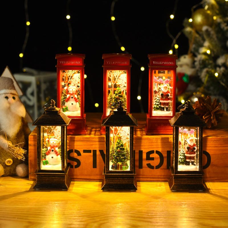 Santa Claus Light-Up Phone Booth Lantern: Christmas Tabletop Oil Lamp Ornament