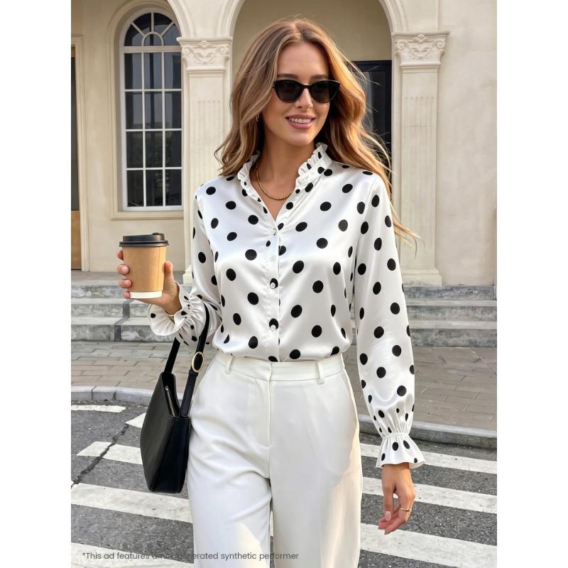 Women Business Casual Satin Ruffled Long Sleeve Polka Dot Blouse Shirt