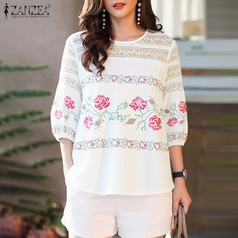 ZANZEA Women Casual Lace Patchwork Round Neck 3/4 Sleeve Floral Print Blouse