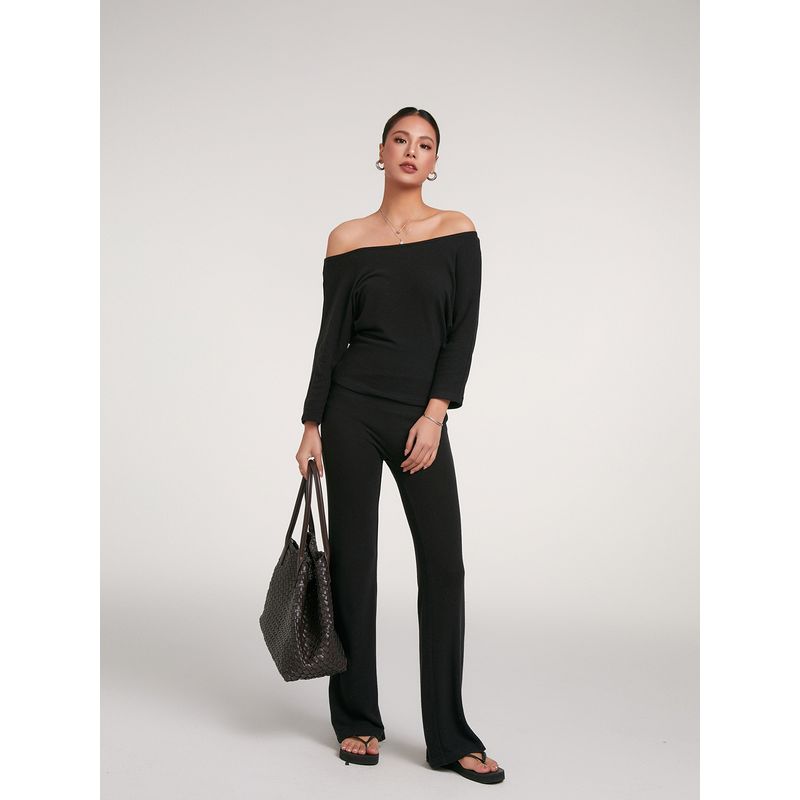 Discoglam Soft Glutinous Draping Effect Lazy Casual Slim Looking 2 Wear Oblique Shoulder 7-Point Sleeve T-shirt + Bell-Bottom Pants Women's Autumn
