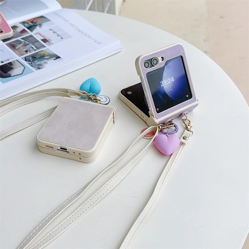 Leather Crossbody Love Pendant Phone Case for Samsung Galaxy Z Flip 6 5 4 3 Flip5 Flip4 Flip3 5G Protective Shockproof Cover