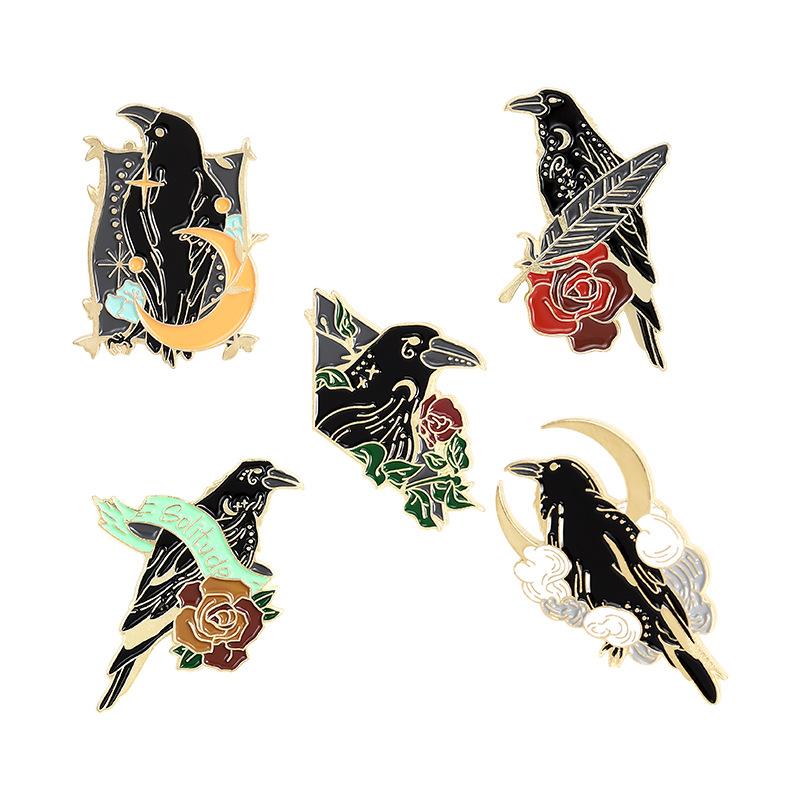 Moonlight Ribbon Flower Crow Metal Badge Electric Guitar Vintage Fashion Musical Instrument Brooch Student Bag Decorative Pin Ti